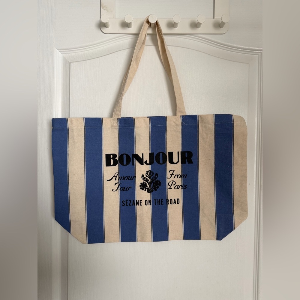 Brand New Sézane Bonjour Striped Canvas Tote Bag - Blue & Cream